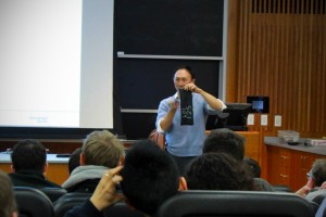 David L. Hu, Assistant Professor of Mechanical Engineering at Georgia Tech, delivering a physics colloquium at Boston University. Photo by Joseph Martelli.