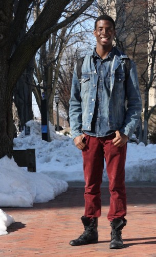 Layered denim and oxblood corduroy make this look a winner on David, CAS '16. Photo by Sharon Weissburg.