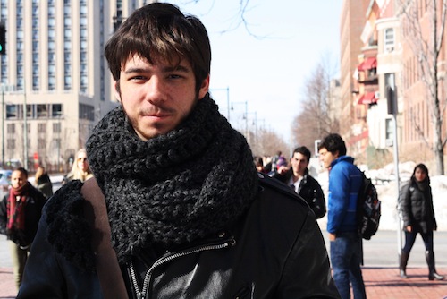Tom Hack, CAS '16, sports an all-black look with lots of texture to keep warm and look cool. Photo by Sharon Weissburg.