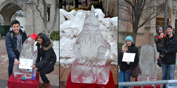 From left to right, the Winterfest ice-sculpting competition 1st, 2nd, and 3rd place sculptures.