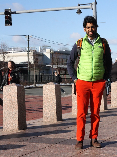 Gopal Srinivas (CAS '13) goes rainbow-brite on a chilly morning in pants from Rugby and a Patagonia Vest. Photo by Sharon Weissburg.