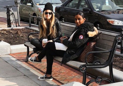 Selin and Morgan, both juniors in COM, caught up stylishly in the afternoon sun. Photo by Sharon Weissburg.