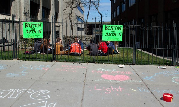 Students wrote encouraging messages on the ground in colorful chalk for the "Boston Will Sustain" project. | Photo by Ashley Hansberry.