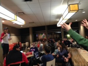 Leah Mackstutis throws a winner a BUTV10 t-shirt during a round of trivia | Photo courtesy Beth St. John