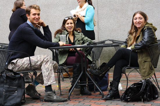 Jake (COM '16), Lani (COM '15), and Tami (COM '15) make a striking lunch crew, seen here enjoying a little time off at the GSU in well-chosen fall separates and killer accessories. Photo by Sharon Weissburg.