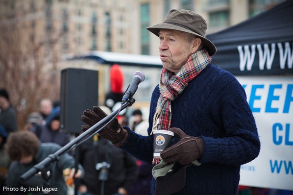 James Hansen, a former director of NASA's Goddard Institute for Space Studies, speaks at the Chesapeake Climate Action Network's polar plunge. Hansen is a scientist turned activist who has taken to protesting against projects like the Keystone XL Pipeline. Photo by Chesapeakeclimate via Wikimedia Commons.