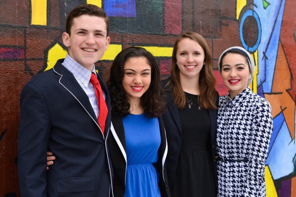 Candidate for President Alexander Golob (CFA '16, CAS '16), Candidate for Vice President Sandra Soto (SED '16), Candidate for Vice President of Internal Affairs Cassandra Shavney (CAS '15), Candidate for Vice President of Finance Salma Yehia (CGS '13, CAS '15). Photo courtesy of True BU.