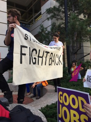 Students support adjunct professors at a rally | Photo by Olivia Baxter 