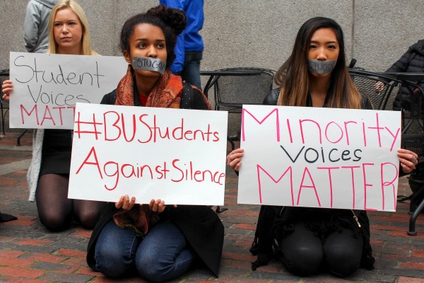 Sabrina Hassan (CAS '18) and Erica Valdriz (CAS '17) protest outside George Sherman Union on Tuesday, November 10, 2015. | Photo by Rachel Kashdan