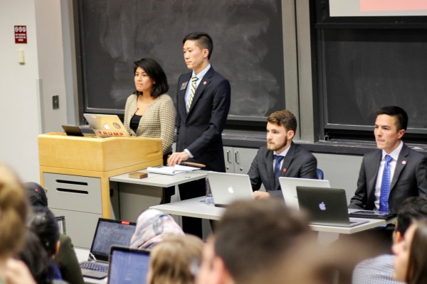 From left, Former Vice President of Finance Kimberly Barzola, Senate Chair Stephen Chang, WHO IS THIS, and WHO IS THIS at the removal trial on Monday, November 9, 2015. | Photo by Sara Ryan