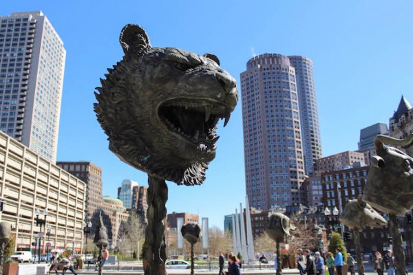 Weiwei’s Circle of Animals/Zodiac Heads, on display at Rose Kennedy Greenway’s Rings Fountain in the Wharf District until early October, features 12 10-foot bronze animal heads representing each of the Chinese zodiac signs. | Photo by Cam McDaniel