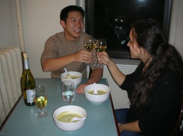 my guests enjoying their soup and wine