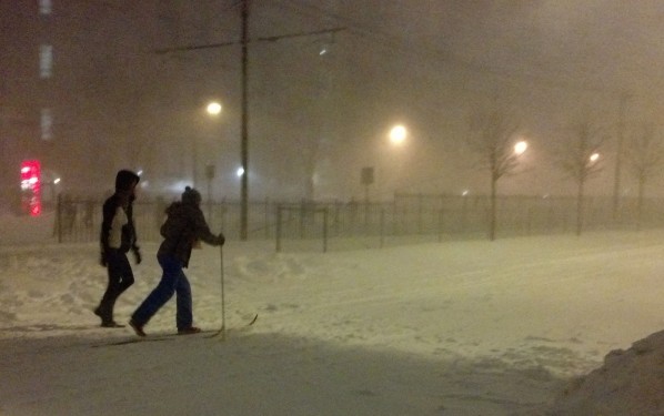 Cross-country skiing down Comm. Ave.