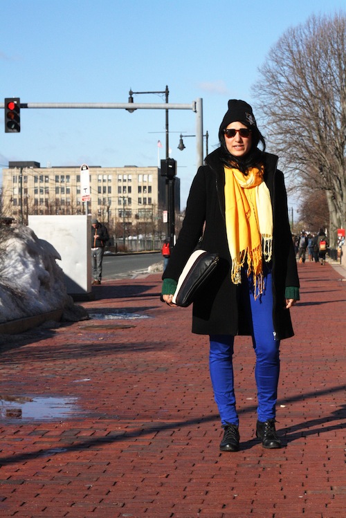 Sithara Reddy (CAS '13) is winter-appropriate in black and white with touches of bright cobalt and sunny yellow. Photo by Sharon Weissburg.