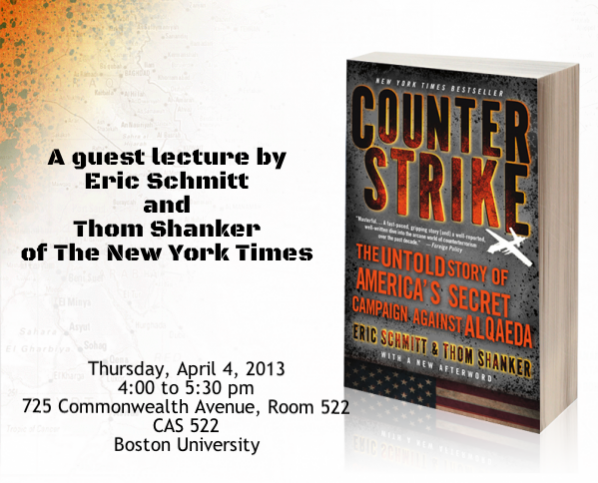 Promotional poster for guest lecture by Eric Schmitt and Thom Shanker | Photo courtesy of BU Center for International Relations