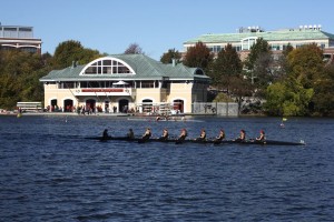 Across the river from the BU boathouse, dozens of spectators lined the shore of the Charles - Photo by Hanna Klein