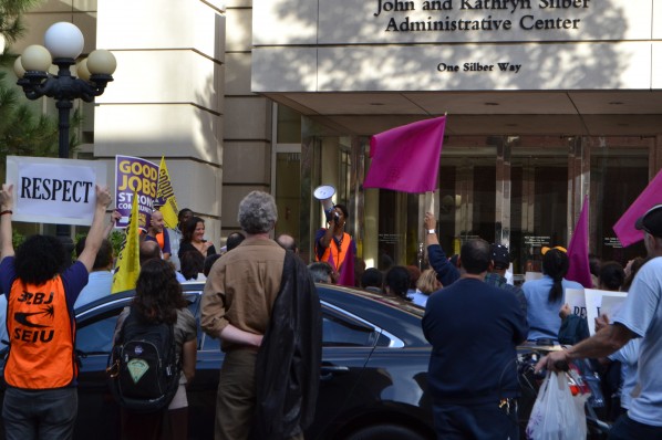 professors and maintenance workers rally outside of President Brown's office | Photo by Alene Bouranova 