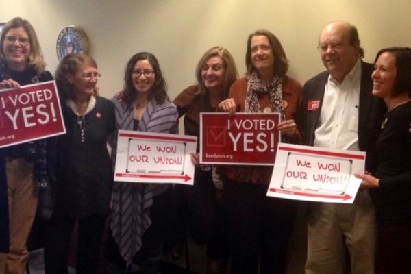 Adjunct professors beaming after their union vote win | Photo courtesy of Bayla Ostrach